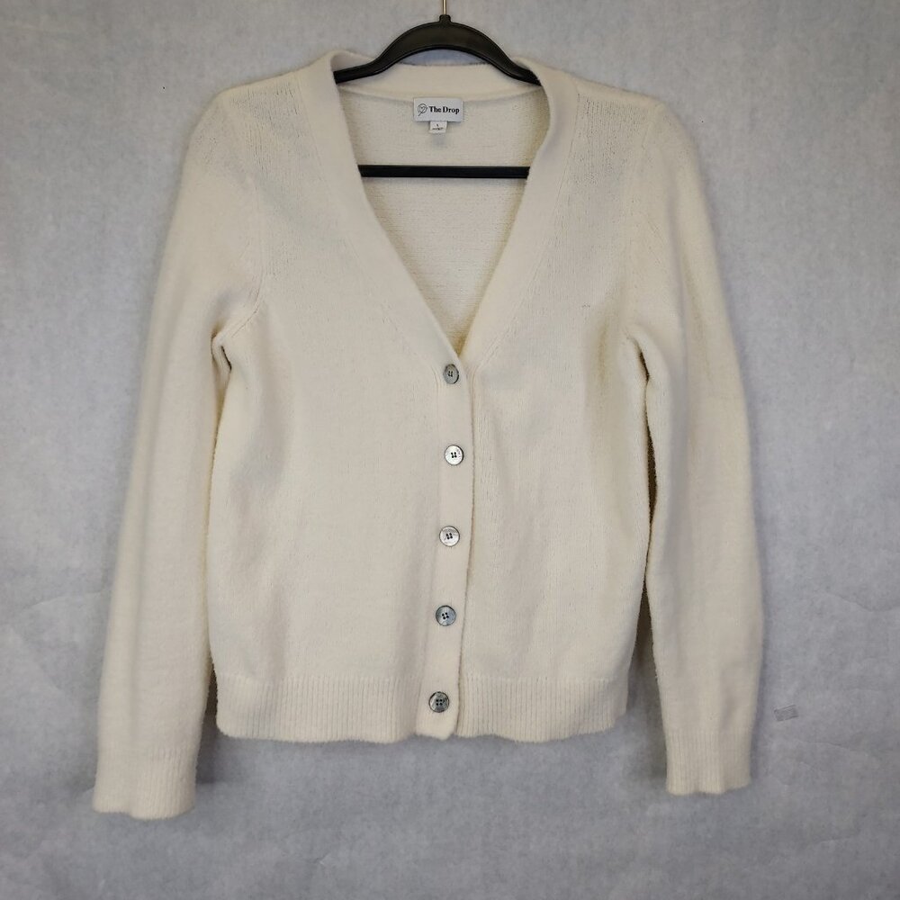 The Drop Francine Cardigan Women's L Knit Button Front Whisper White Fuzzy Cozy